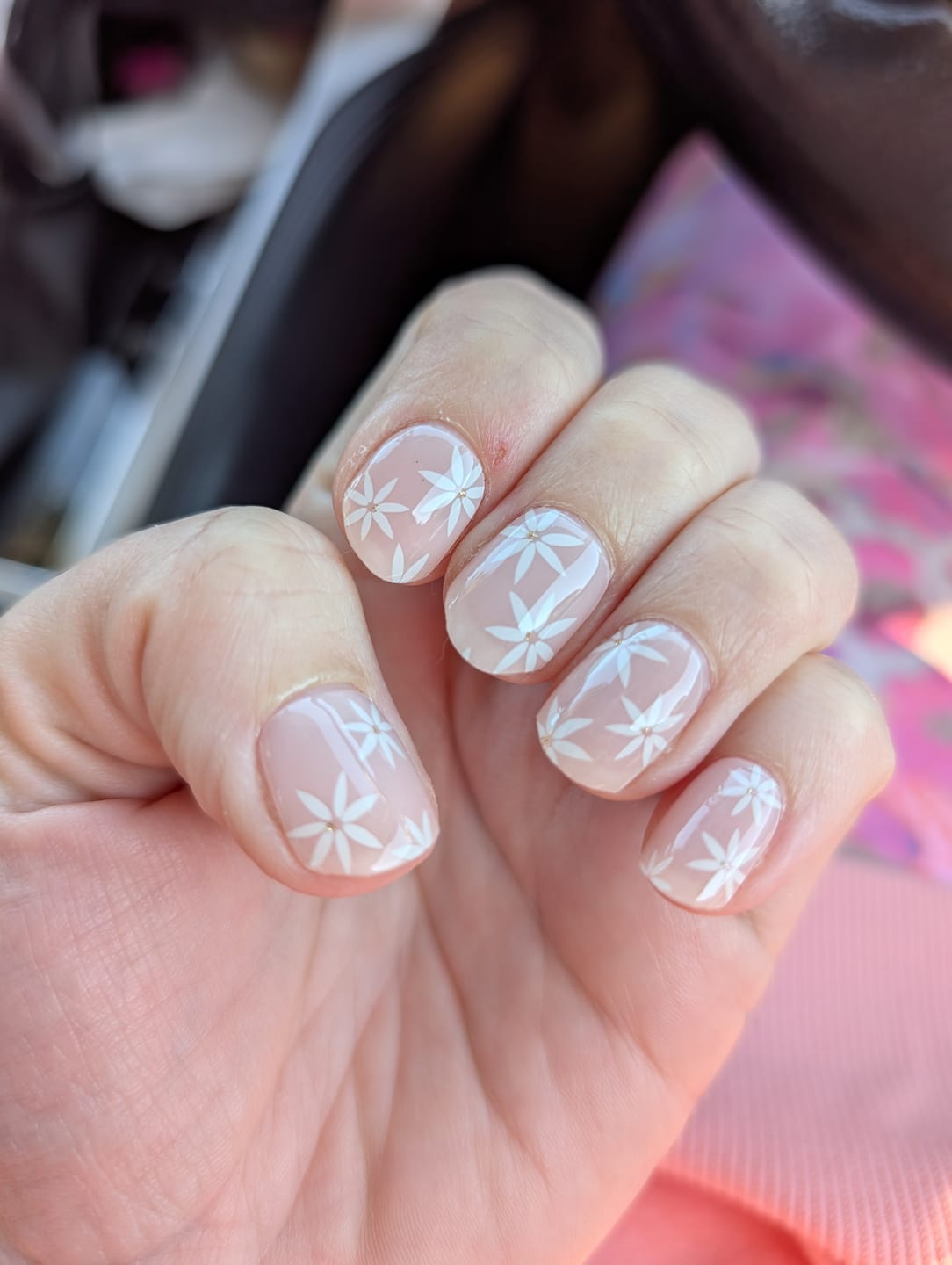 Customer photo review of Pretty Pink Daisies DIY Semicured Gel Nail Sticker Kit