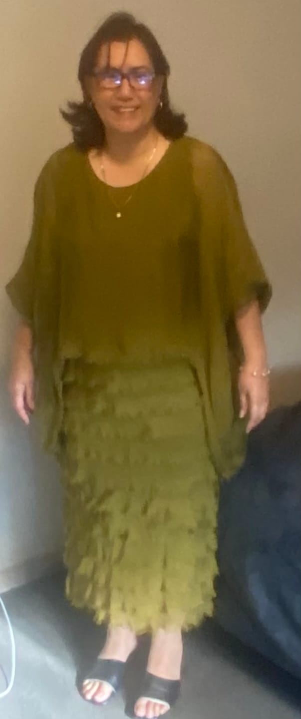 Customer photo review of Candie Silk Dress in Green Olive