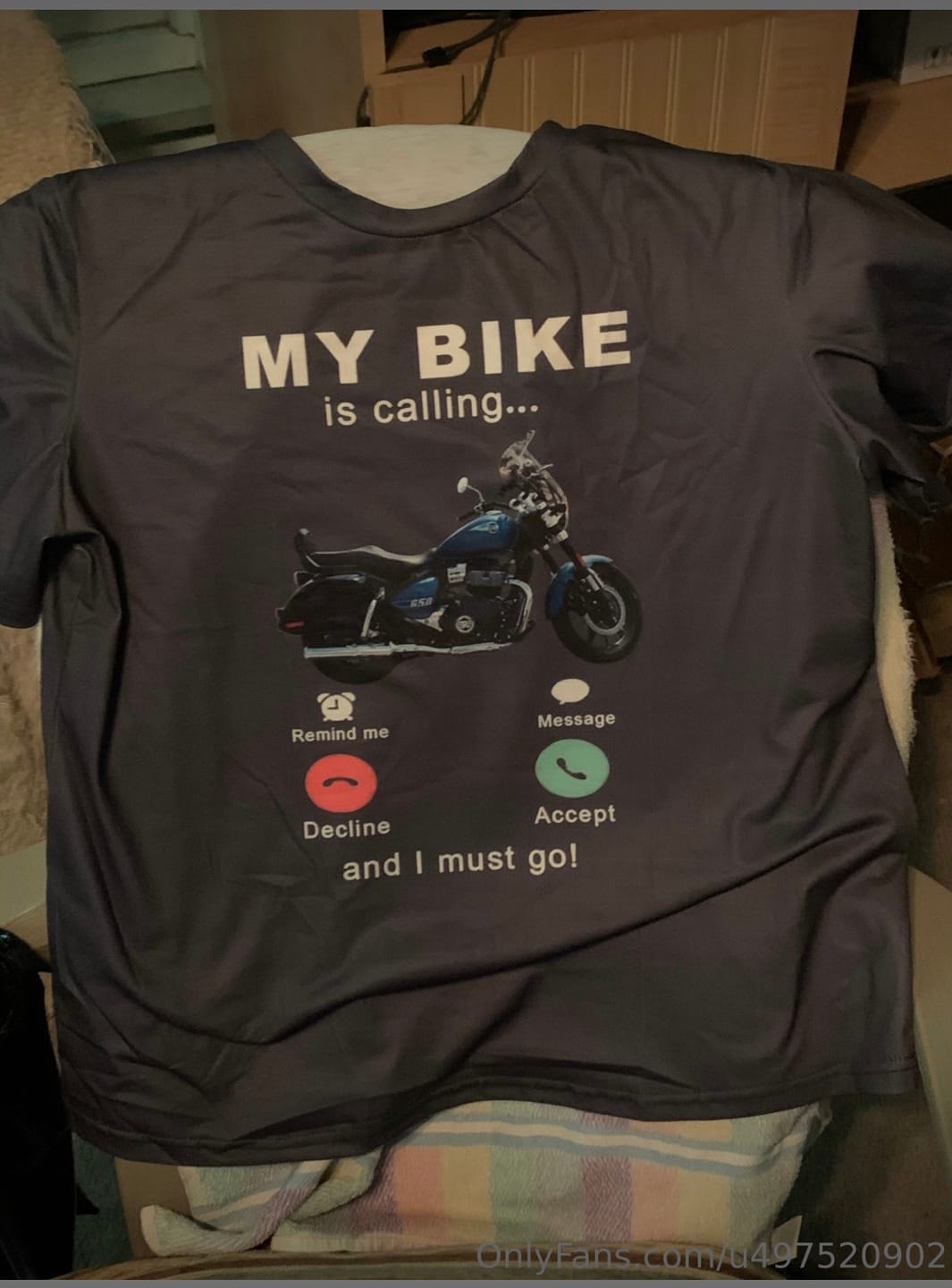 Customer photo review of Personalized My Bike Is Calling Upload Custom Motorcycle Photo Graphic T-Shirt