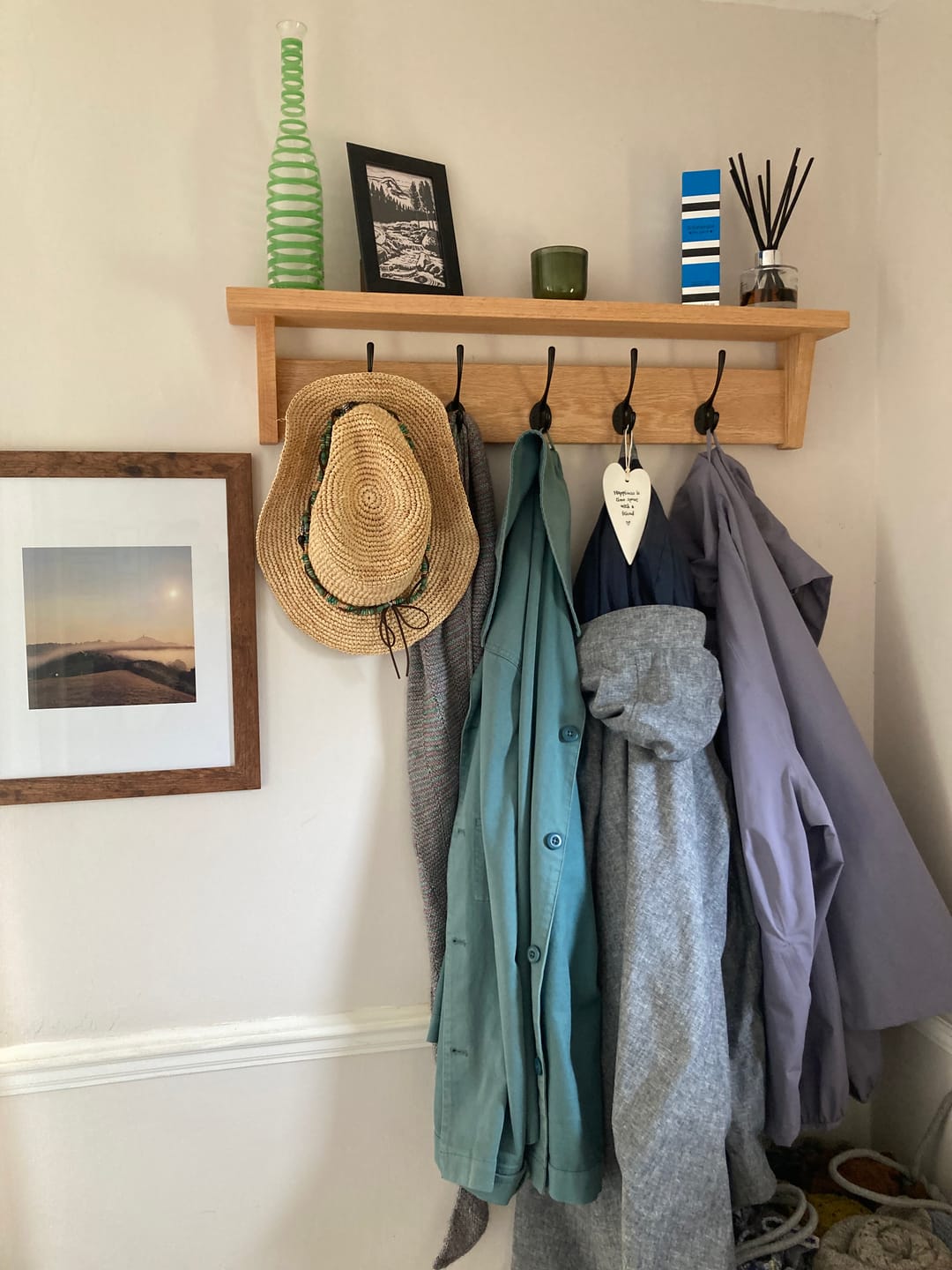 Customer photo review of Solid Oak Coat Rack With Storage Shelf
