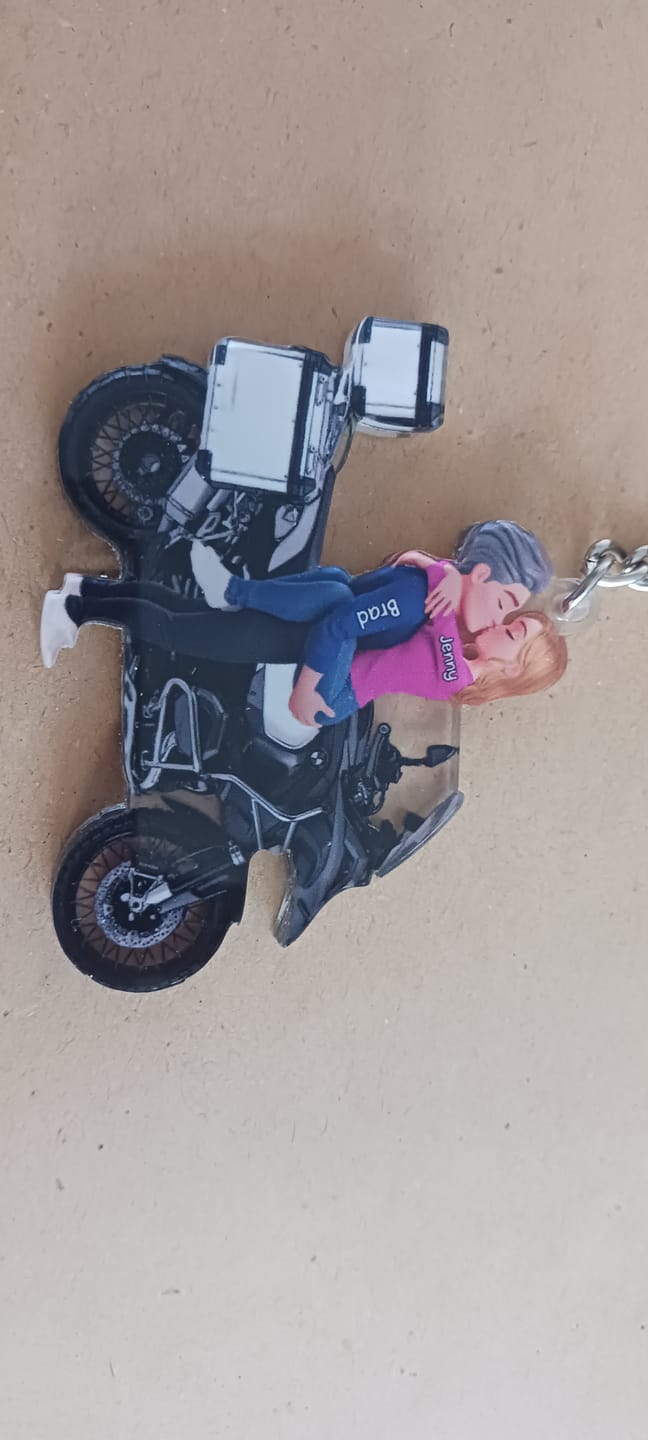 Customer photo review of Kissing Hugging Doll Motorcycle Couple - Personalized Acrylic Keychain