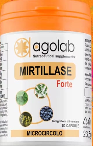Customer's Mirtillase Forte bottle, a white supplement container with an orange cap, showing circular botanical icons.