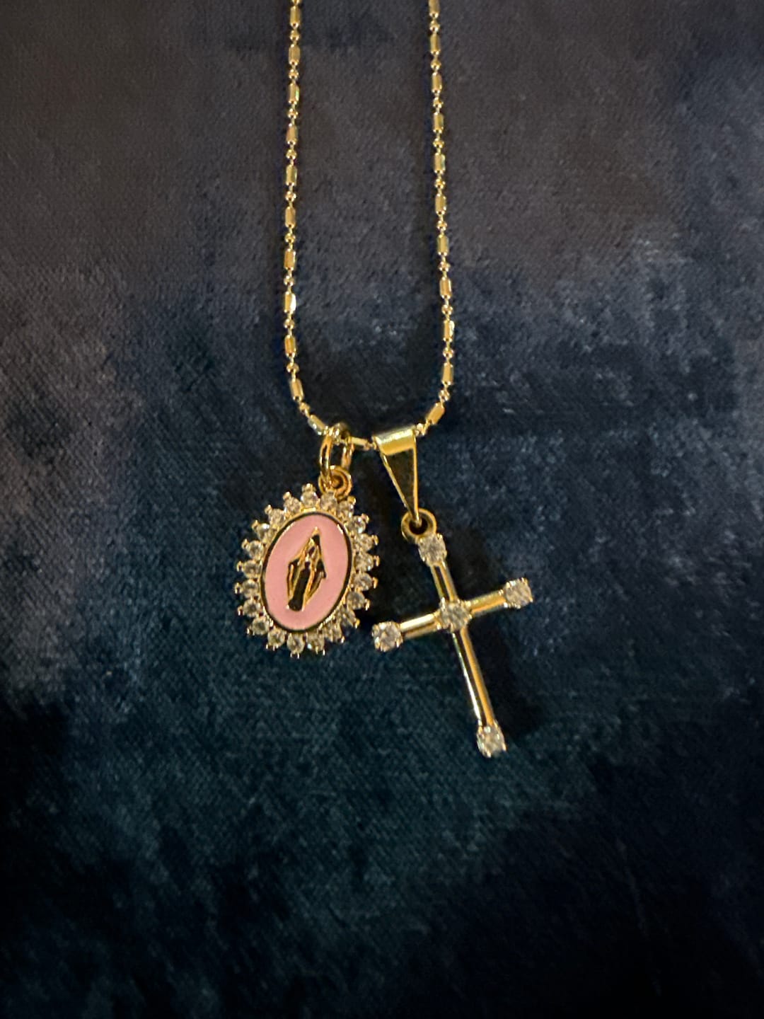 Customer photo review of Virgin Maria Multi-Charm Necklace - Baby Pink