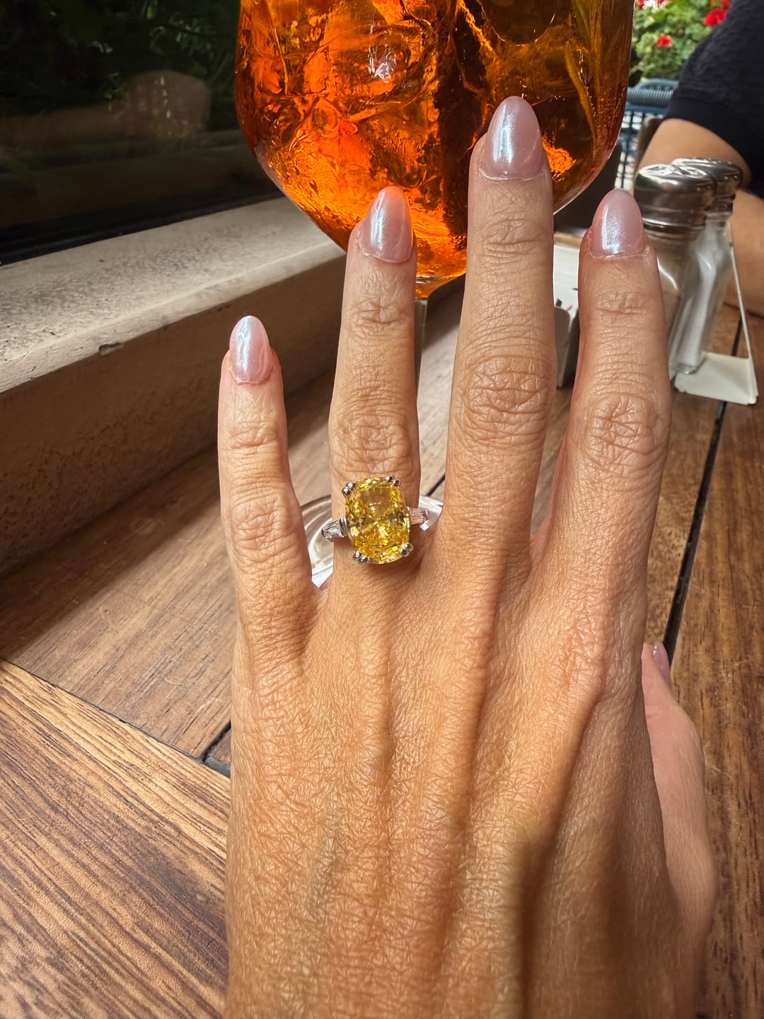 Customer photo review of 3-Stone 9ct Canary Yellow Cushion CZ Ring in Sterling Silver