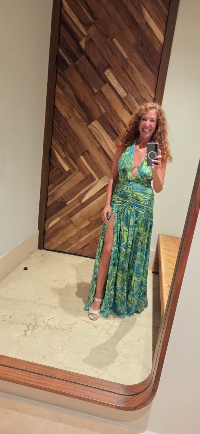 Customer photo review of Capri Halter Tropical Print Maxi Dress - Lime Green