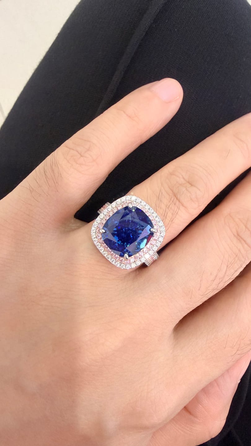 Customer photo review of S925 Double Halo 6.0Ct Cushion Cut Three Shank Vintage Aquamarine Blue&Purple Engagement Ring