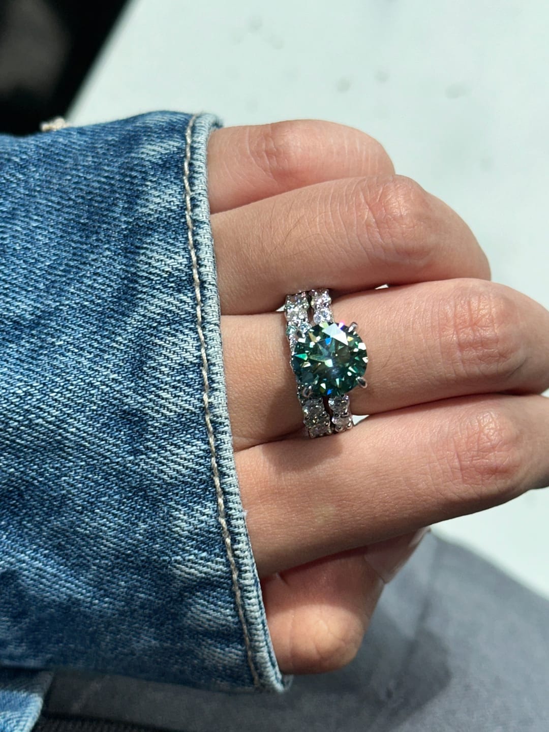 Customer photo review of S925 Moissanite 3.0Ct~4.0Ct Round Cut Engagement Ring & 2.5Ct Two-Tone Band Nest Bridal Ring Set