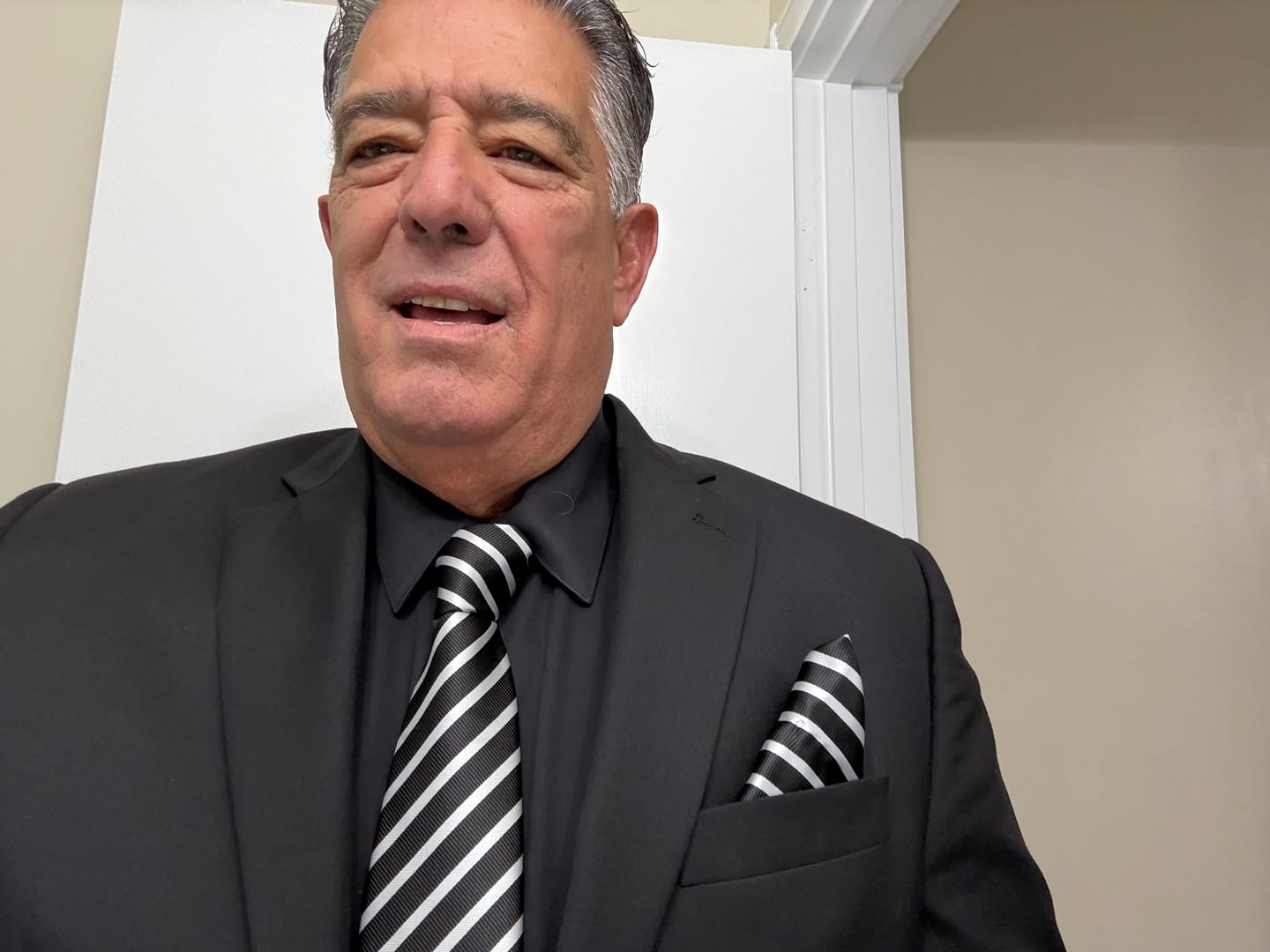 Customer photo review of Black White Striped Necktie Pocket Square Cufflinks Set