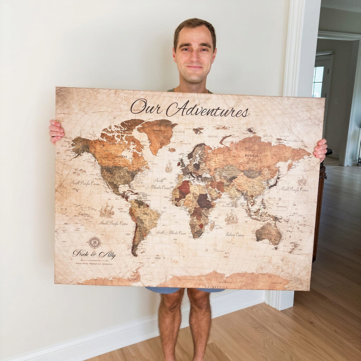 Customer photo review of Custom Push Pin World Map Wall Canvas Print