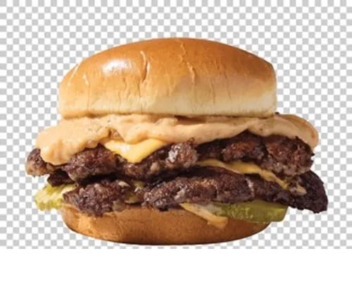 Customer's double-patty Beef Smash Burger Meat with melted cheese and sauce on a toasted bun.