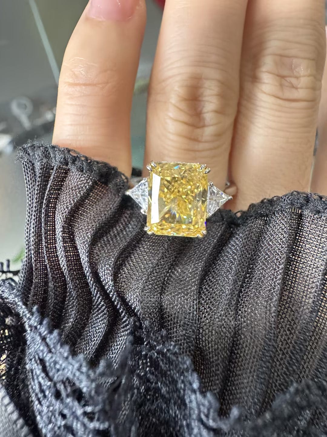Customer photo review of S925 4.0Ct Radiant & Triangle Cut Yellow Stone Three Stone Engagement Ring In Sterling Silver