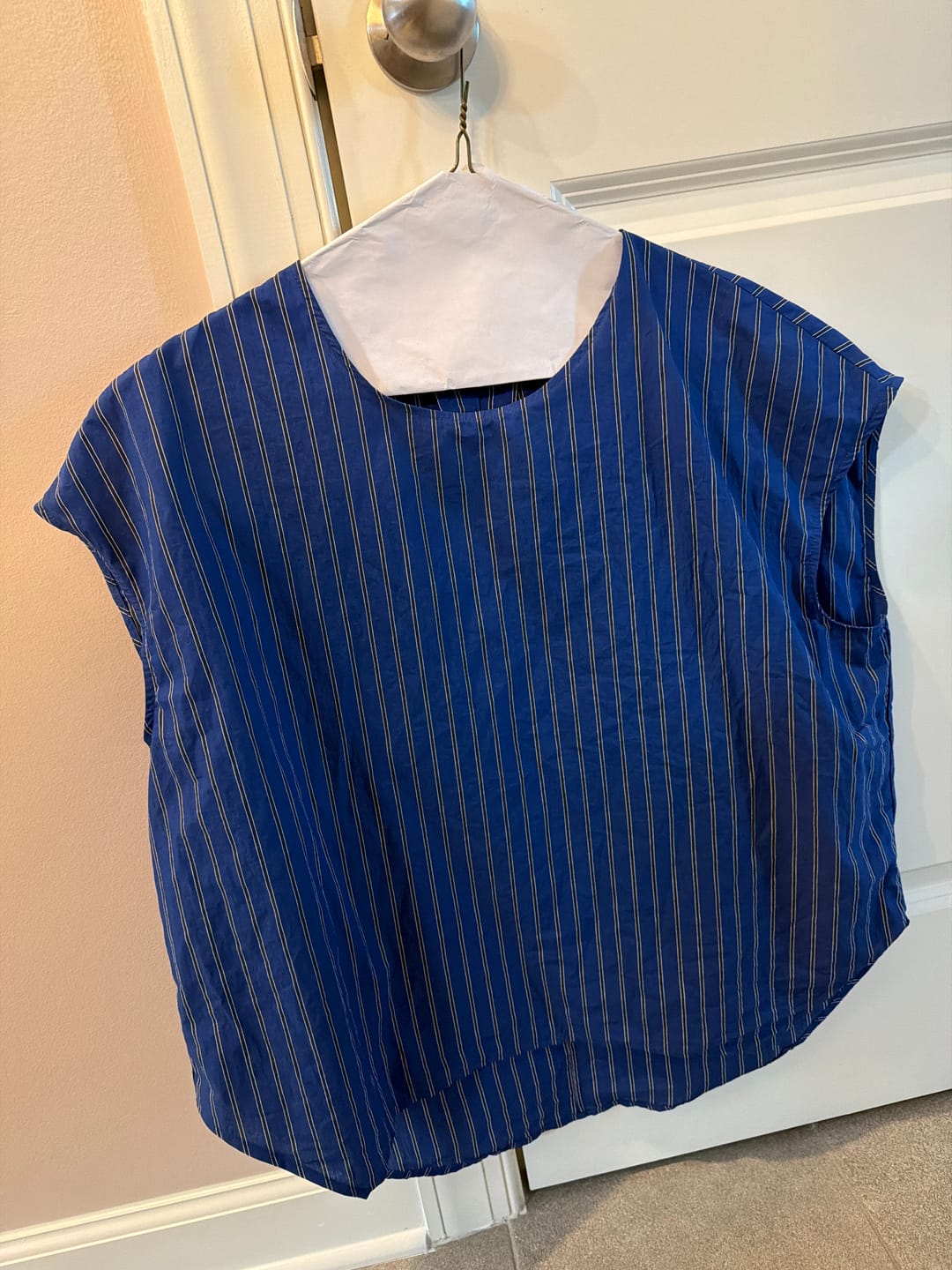 Customer photo review of Didion Drape Top - Striped Poplin :: Dark Cobalt