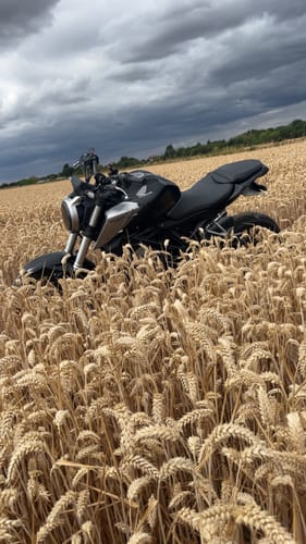 Customer's black Honda CB125R motorcycle parked in a golden wheat field under a cloudy sky.