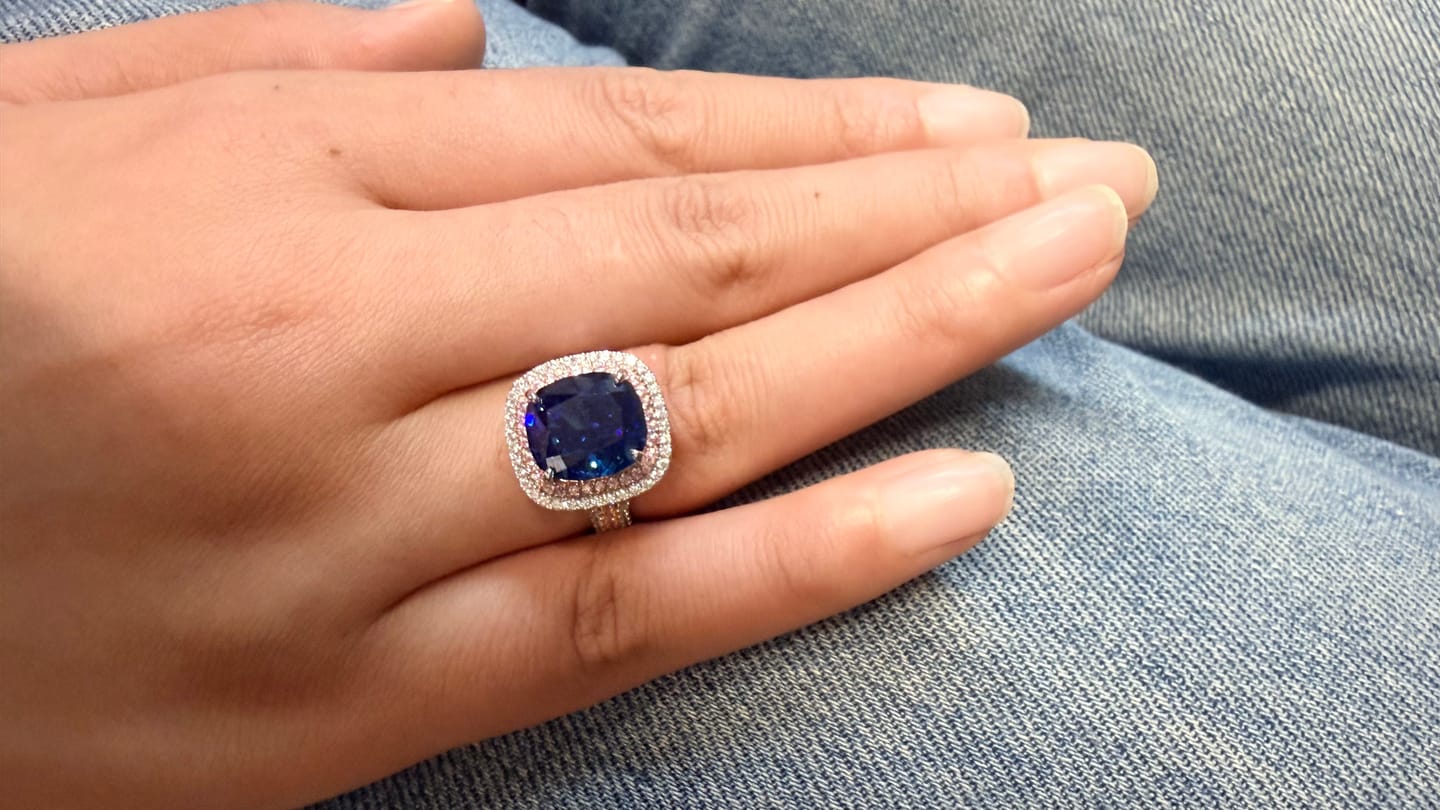 Customer photo review of S925 Double Halo 6.0Ct Cushion Cut Three Shank Vintage Aquamarine Blue&Purple Engagement Ring