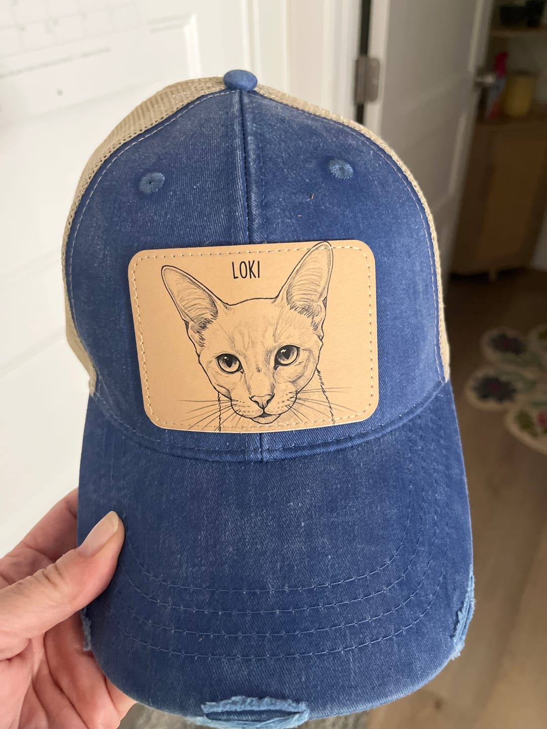 Customer photo review of Custom Cat Portrait Trucker Hat | Personalized Vegan Leather Patch Cap from Your Photo