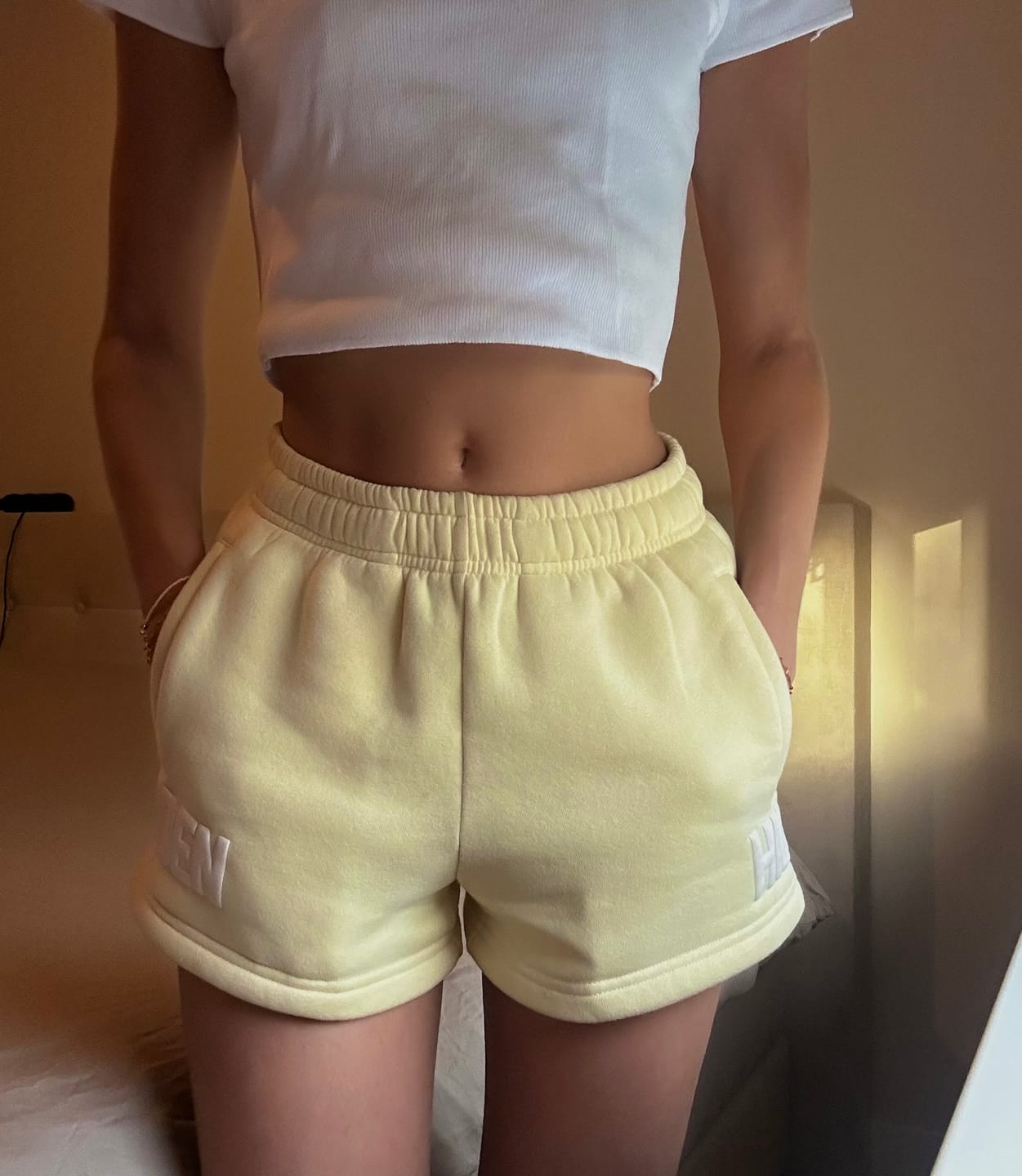 Customer photo review of GATED COMMUNITY SHORTS BUTTER YELLOW