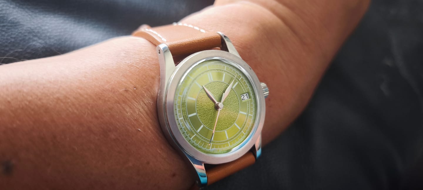 Customer photo review of HOU - 80-Hour Power Reserve Vintage Automatic Watch | Avocado Green