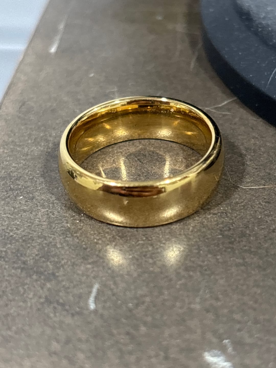 Customer photo review of 7mm - 14k Yellow Gold Tungsten Wedding Band, High Polish Dome Shape, Anniversary Ring