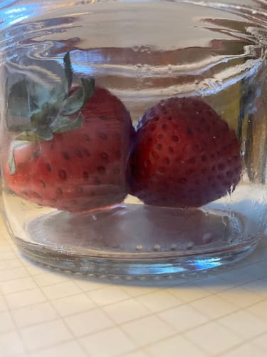 Customer's Mason Genie Vacuum Sealer Kit showing two fresh, red strawberries sealed inside a glass mason jar.