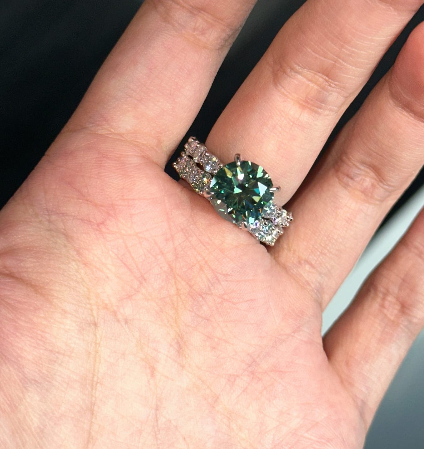 Customer photo review of S925 Moissanite 3.0Ct~4.0Ct Round Cut Engagement Ring & 2.5Ct Two-Tone Band Nest Bridal Ring Set