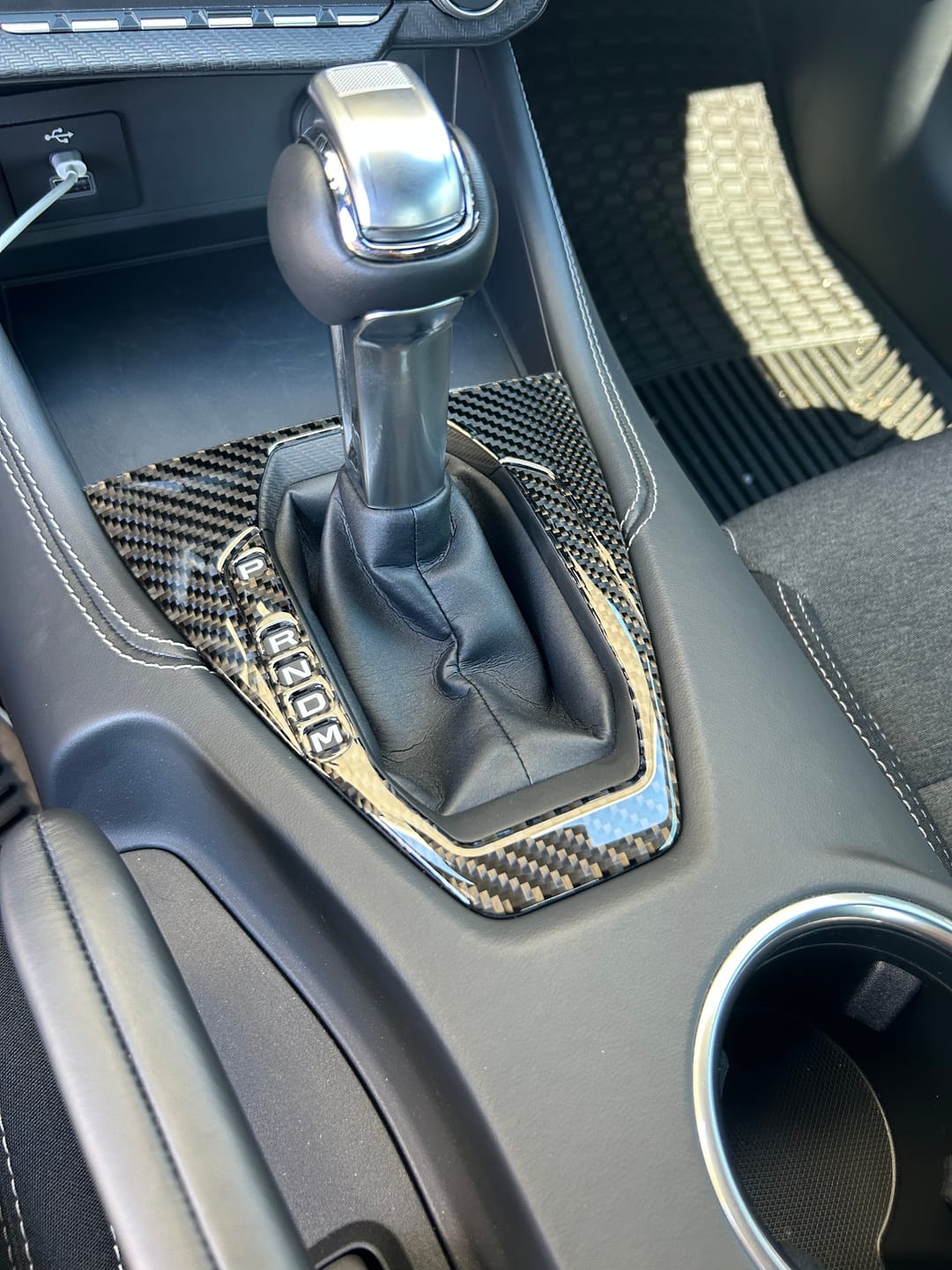 Customer photo review of Real Carbon Fiber Gear Shifter Trim Overlay for 2024+ Ford Mustang