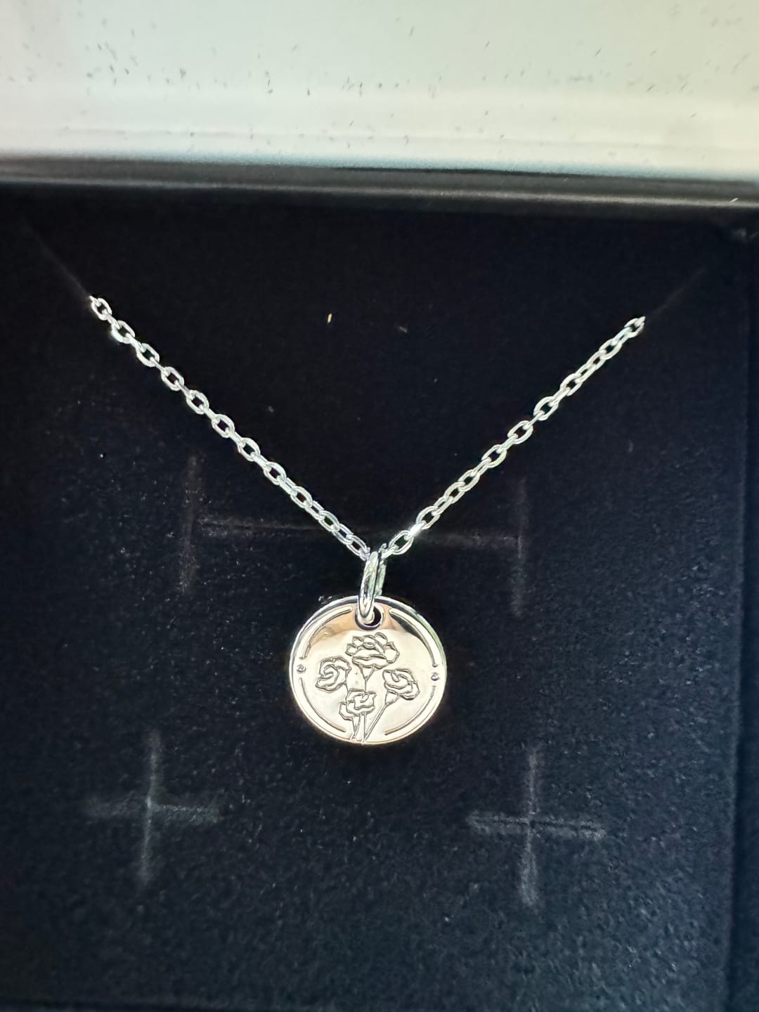 Customer photo review of Floral 18k White Gold Plated Engraved Birth Month Flower Pendant Necklace