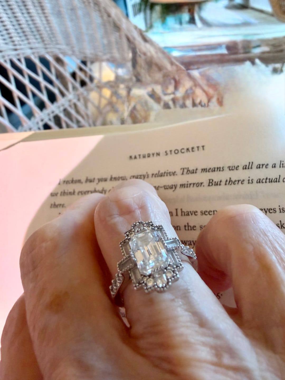 Customer photo review of Art Deco Emerald Cut Moissanite Milgrain Engagement Ring