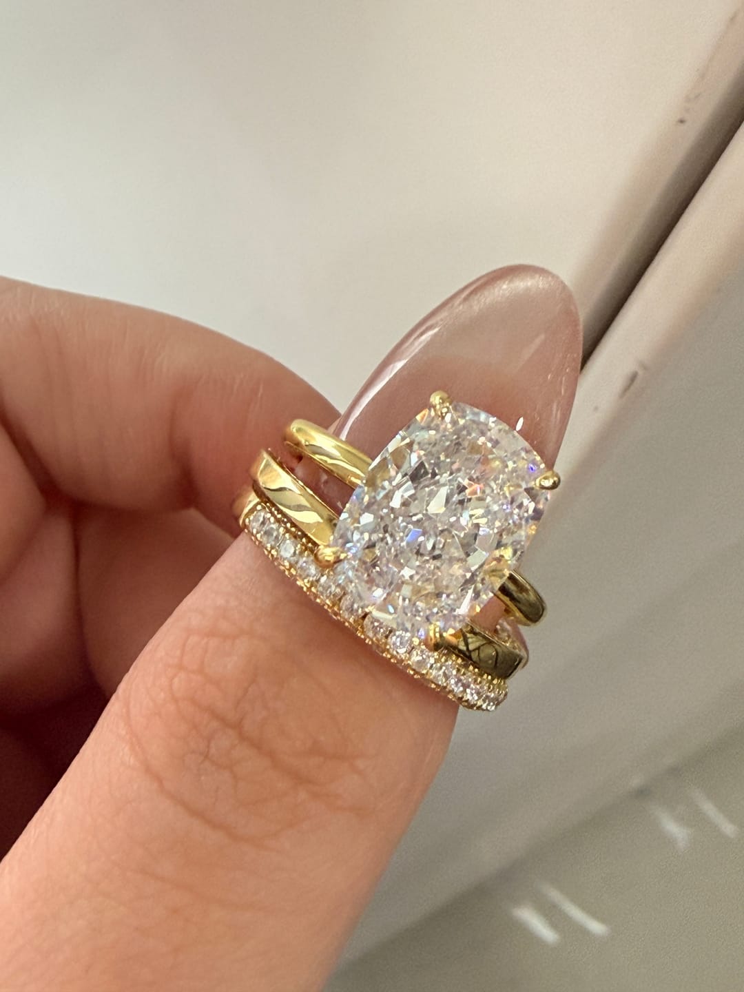 Customer photo review of S925 3PC Wedding Sets 6.5Ct Elongated Cushion Cut Wedding Ring Set With Classic Wedding Bands