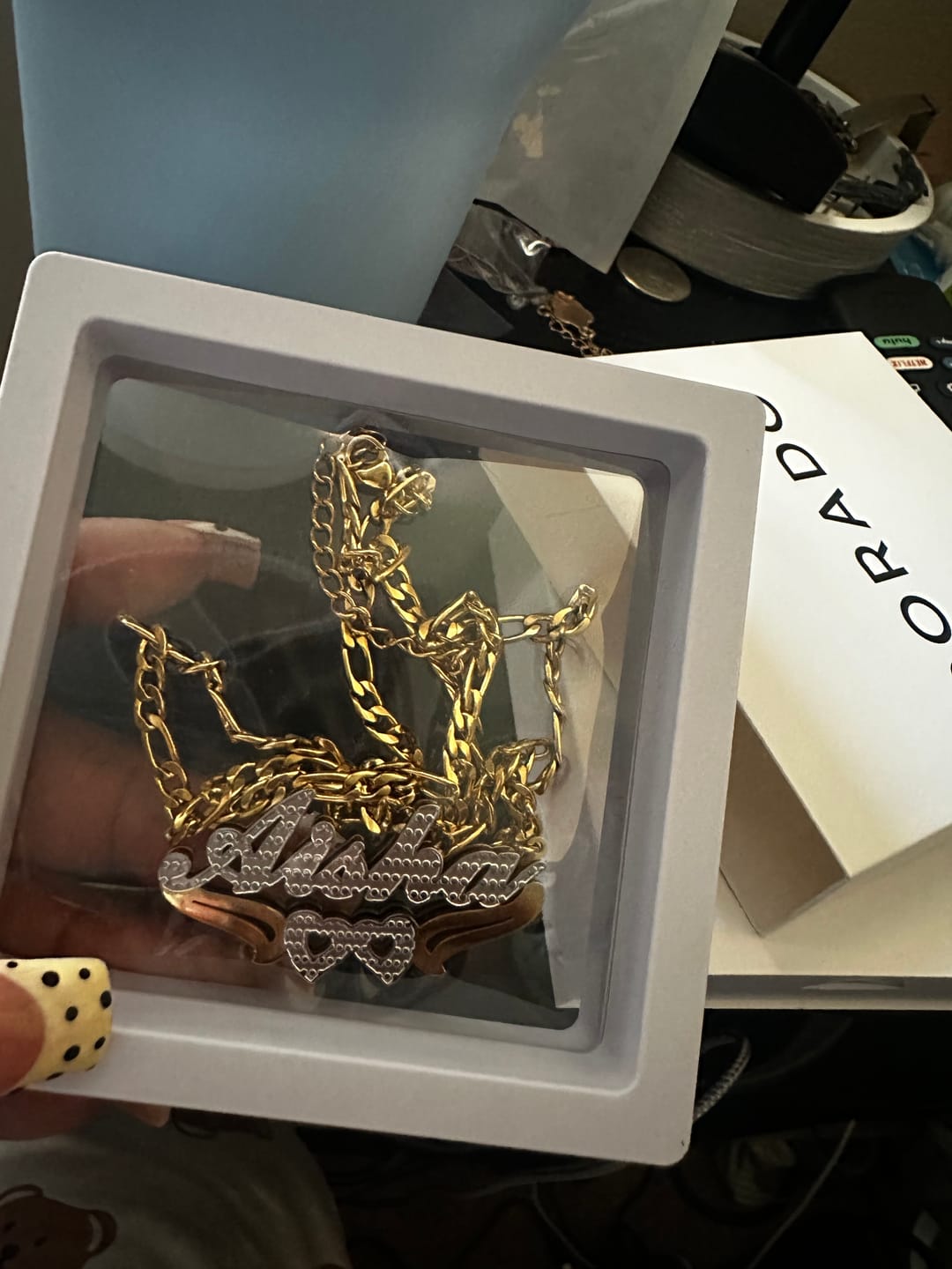 Customer photo review of Double Plated Hearts Name Necklace w/ Figaro Chain