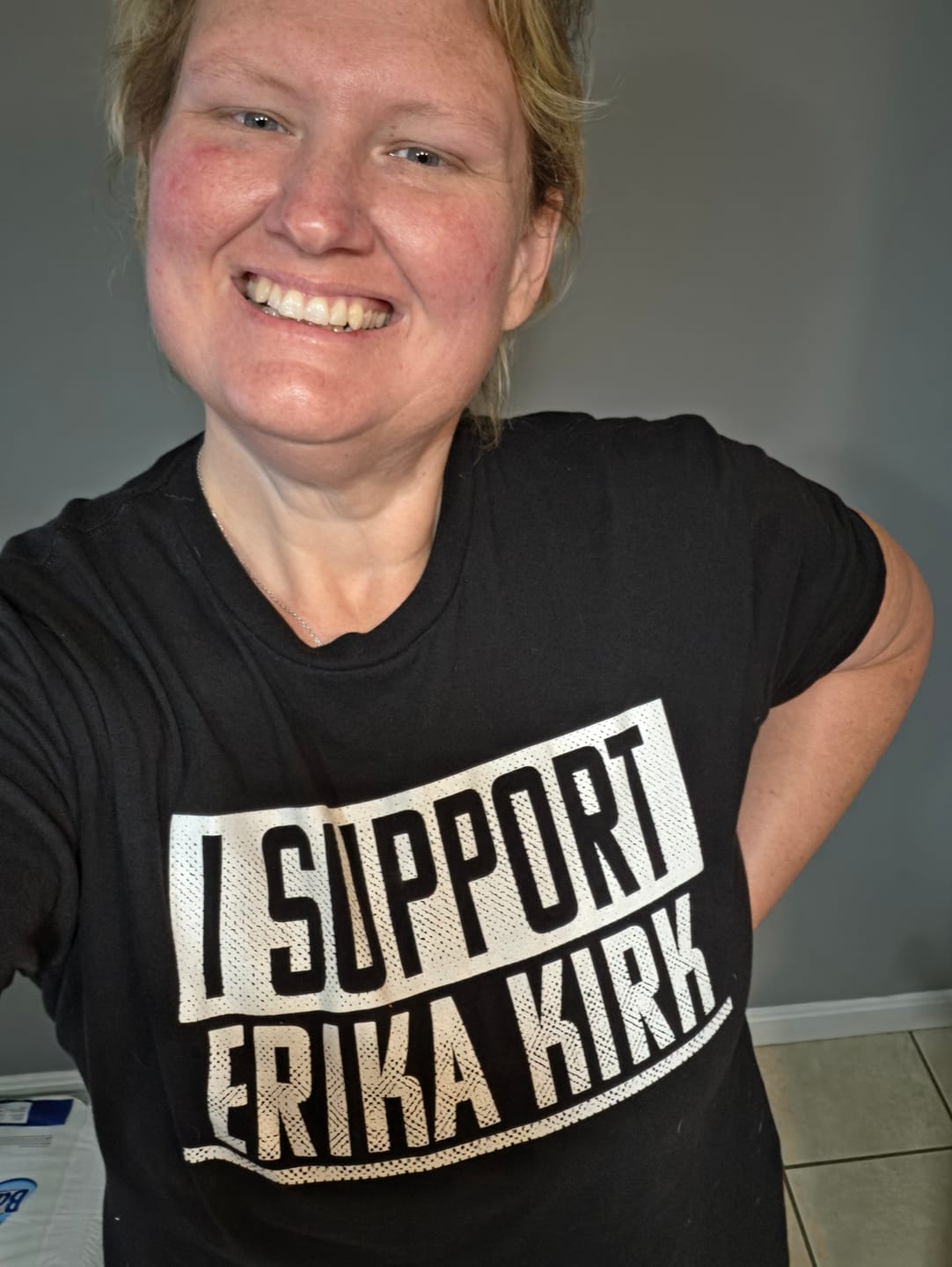 Customer photo review of I Support Erica Kirk T-shirt