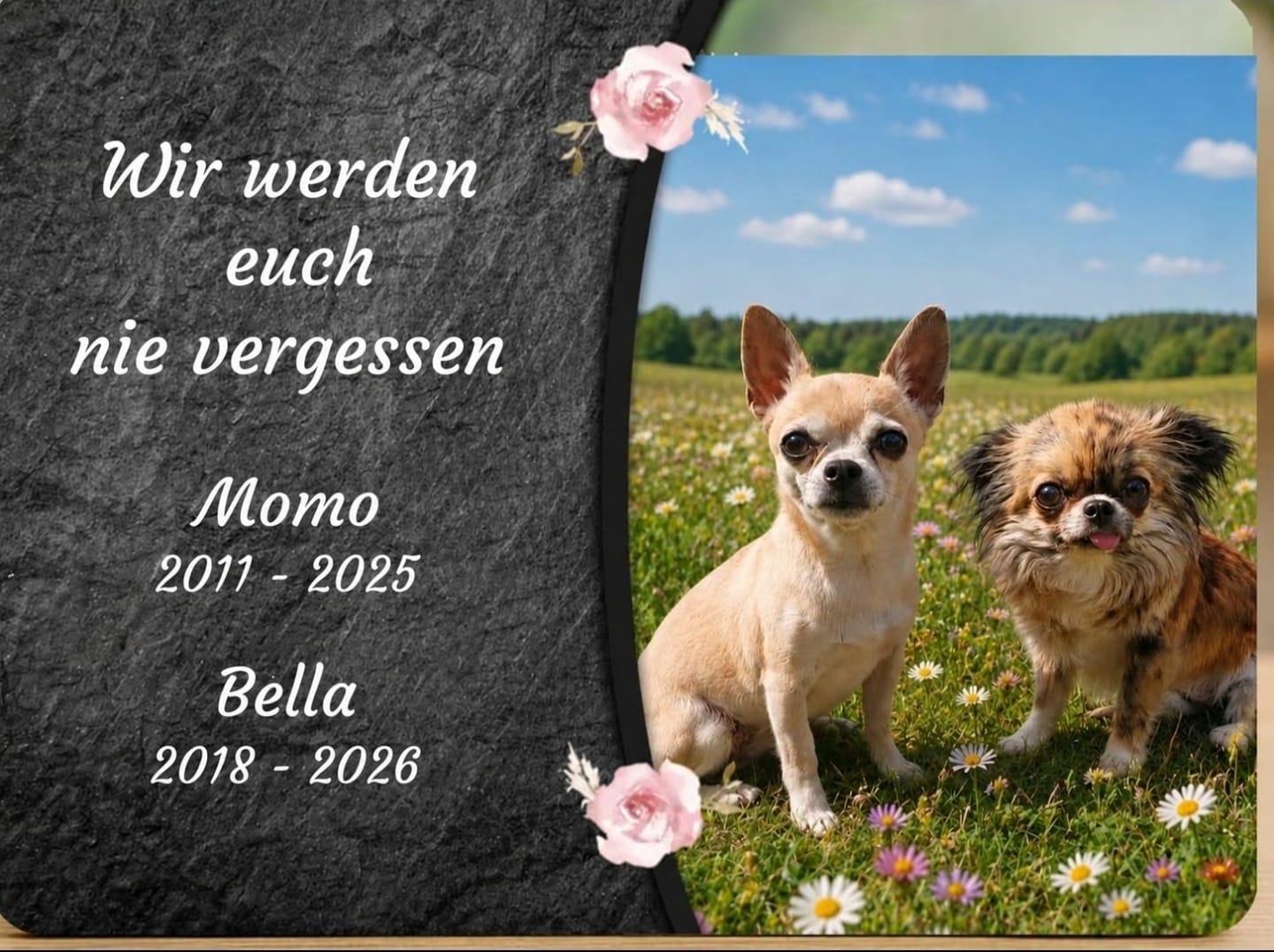 Customer photo review of Hunde Gedenktafel mit Foto & Spruch (UV- &  Wetterfest)