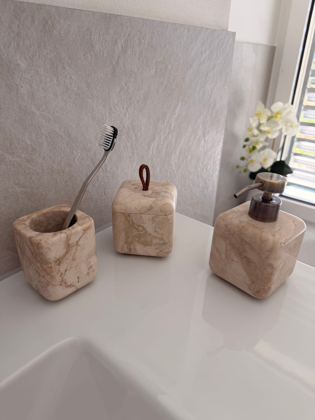 Customer photo review of Blake Beige Marble Bathroom Accessories Soap Dispenser