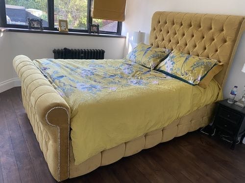 Customer photo review of Walker Upholstered Chesterfield Sleigh Scroll Bed