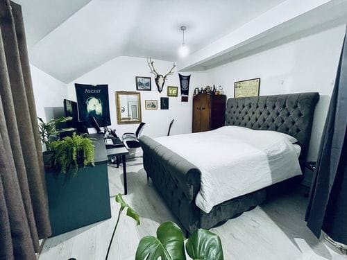 Customer photo review of Walker Upholstered Chesterfield Sleigh Scroll Bed
