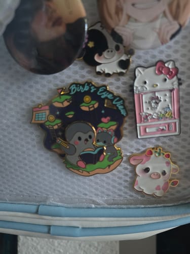 Customer's Birb's Eye View Pin displayed on an ita bag along with other enamel pins.