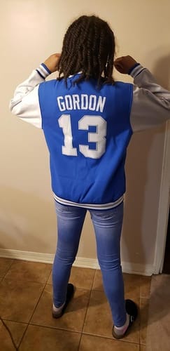 Customer photo review of Custom Royal White Letterman Jacket with Contrast Sleeves Varsity Full-Snap