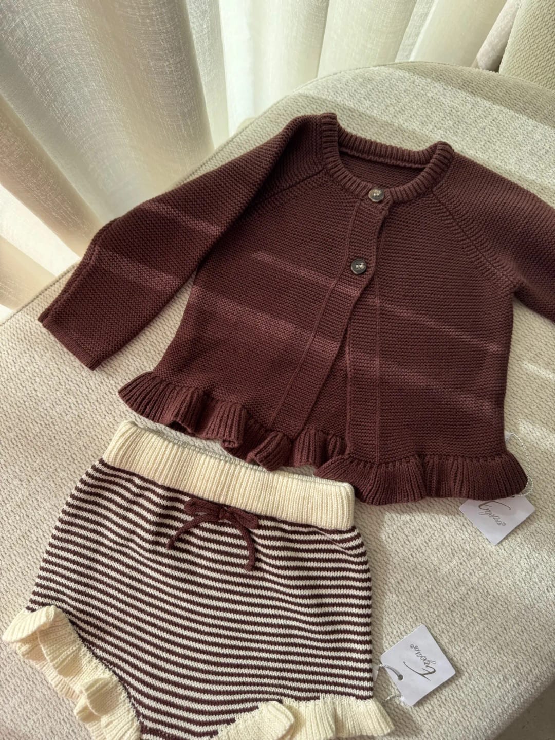 Customer photo review of Ruffled Knit Cardigan Top Striped Bloomers Outfit