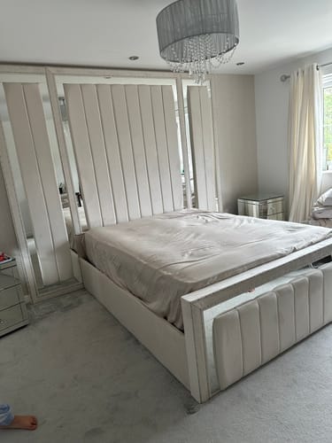 Customer photo review of Windsor Wide Extended Headboard Mirror Stripe Panelled Bed