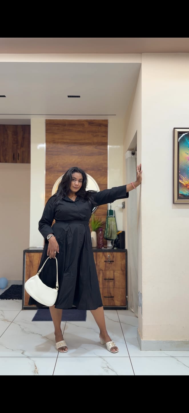 Customer photo review of Women Black Airy Linen Flared Dress