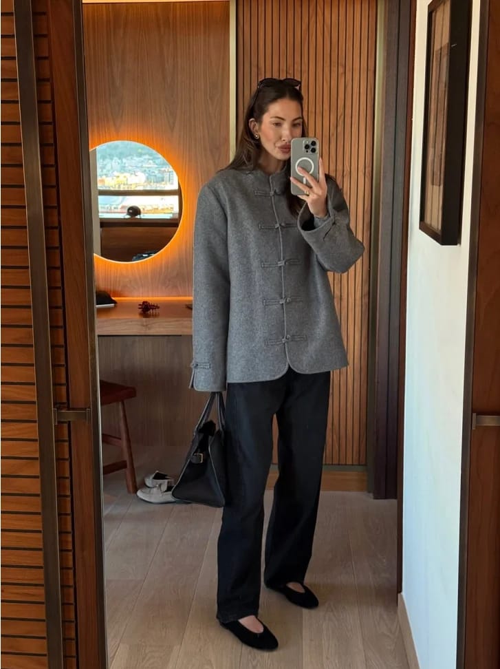 Customer photo review of Gloria Double-Faced Knot Mandarin Jacket