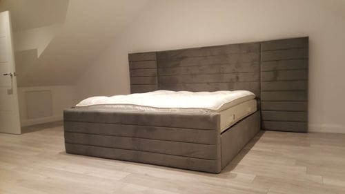 Customer photo review of Leland Wide Headboard Upholstered Line Panel Bed