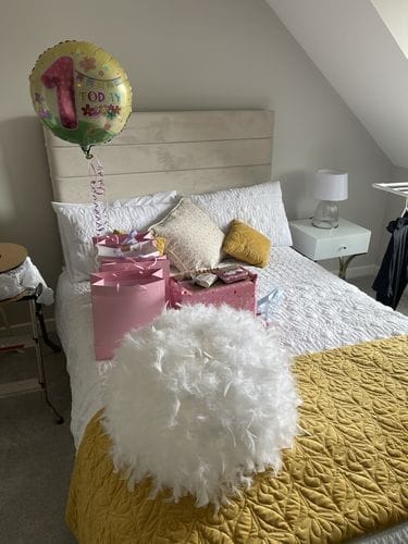 Customer photo review of Leland Wide Headboard Upholstered Line Panel Bed