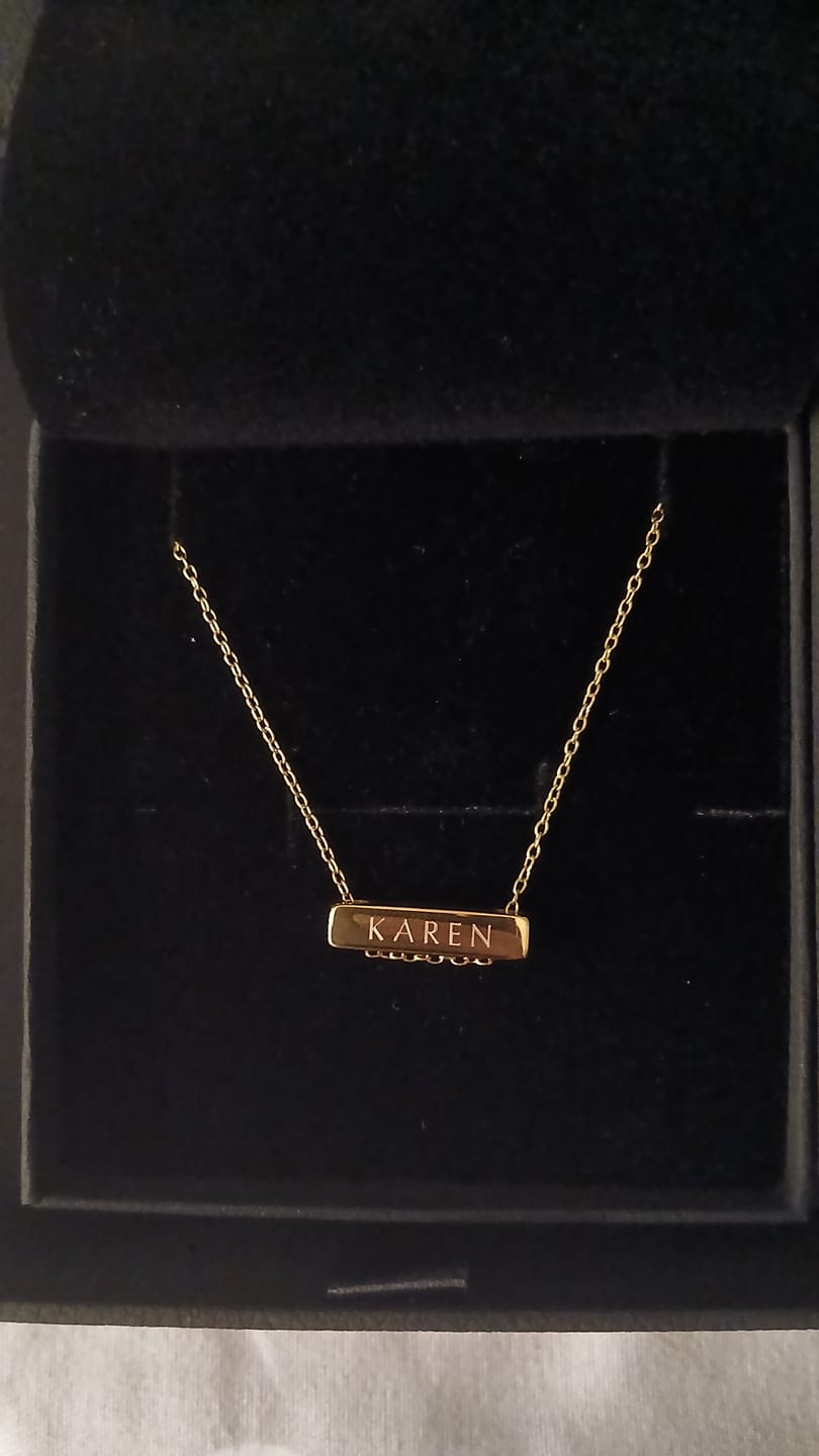 Customer photo review of 2cm Letter Bar Necklace Gold Horizontal
