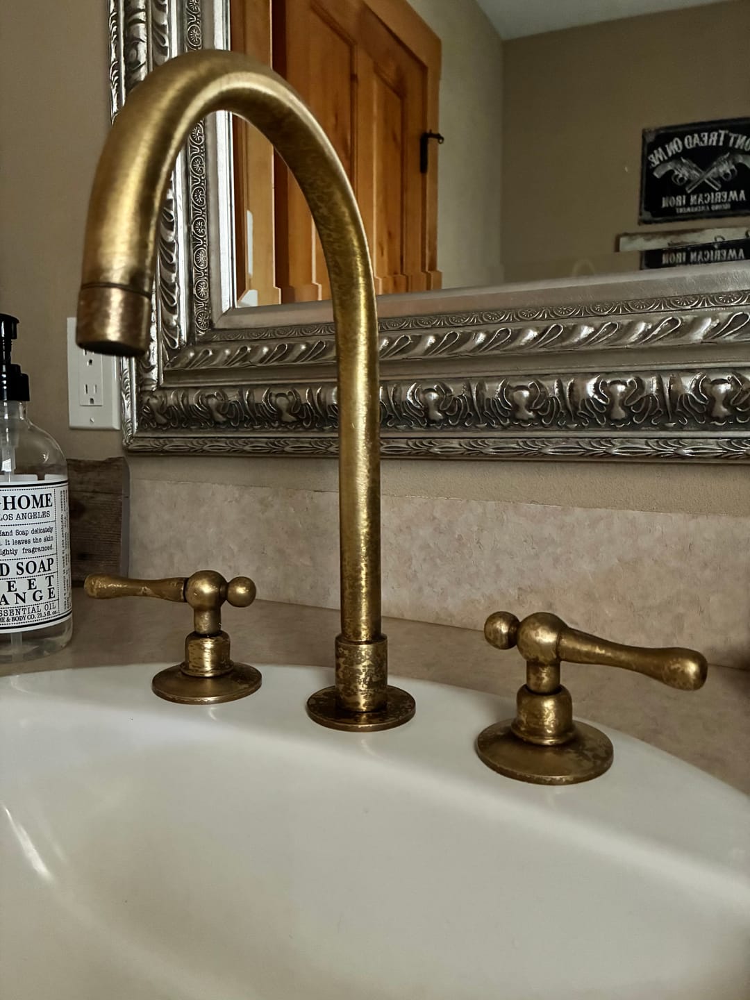 Customer photo review of Patina Brass Widespread Bathroom Faucet with Cross Handles
