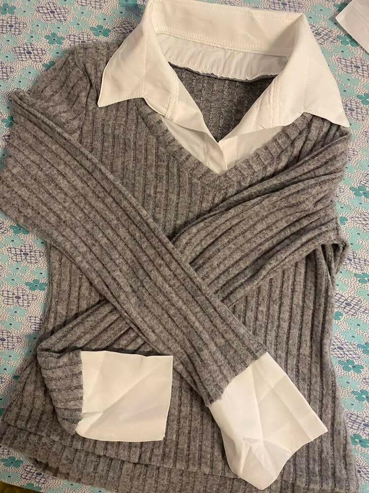 Customer photo review of Ninonine "Inès" | Rib-Knit Faux-Layered Shirt Top