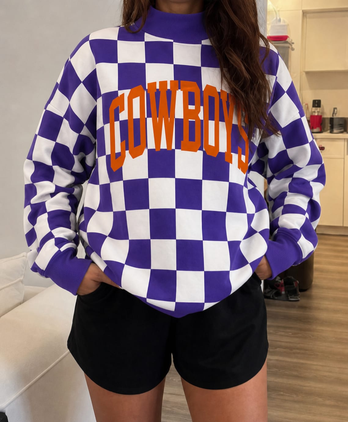 Customer photo review of Custom Printed College Team Name Checkered Stand-Up Collar Sweatshirt – Game Day Spirit Wear | Sports Fan Gift