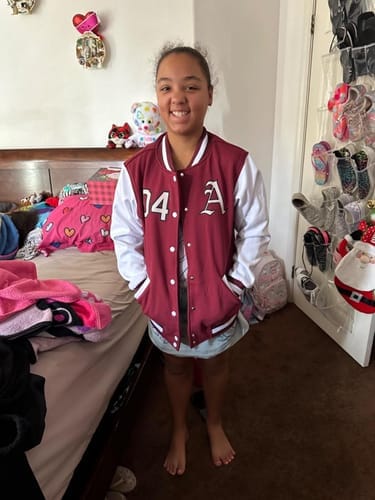 Customer photo review of Custom Gold Purple Varsity Letterman Jackets Personalized Baseball Coats Full-Snap with Contrast Sleeves