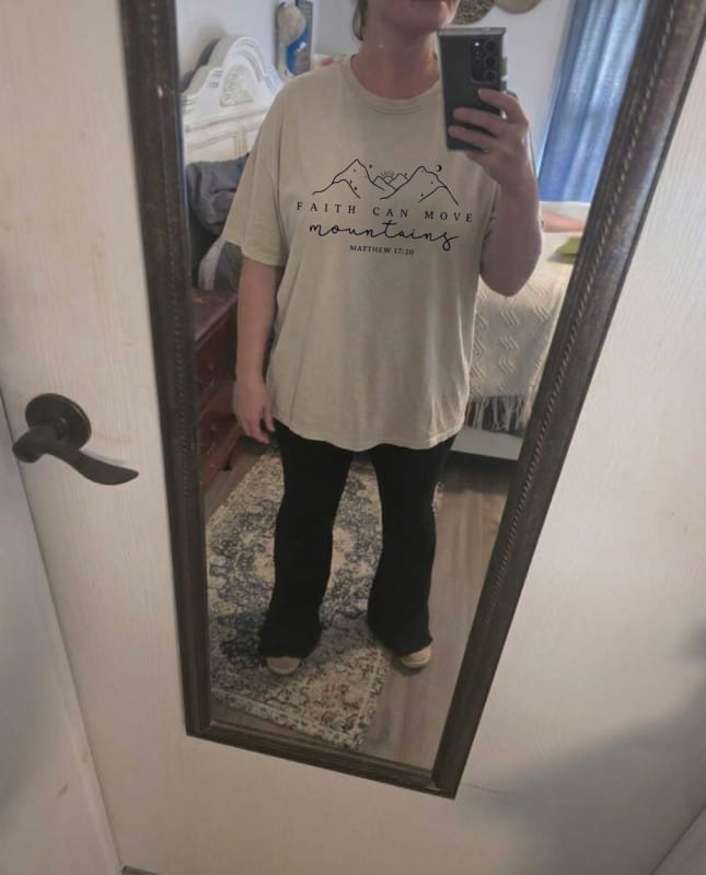 Customer photo review of Faith Can Move Mountains Vintage Washed Print Tee