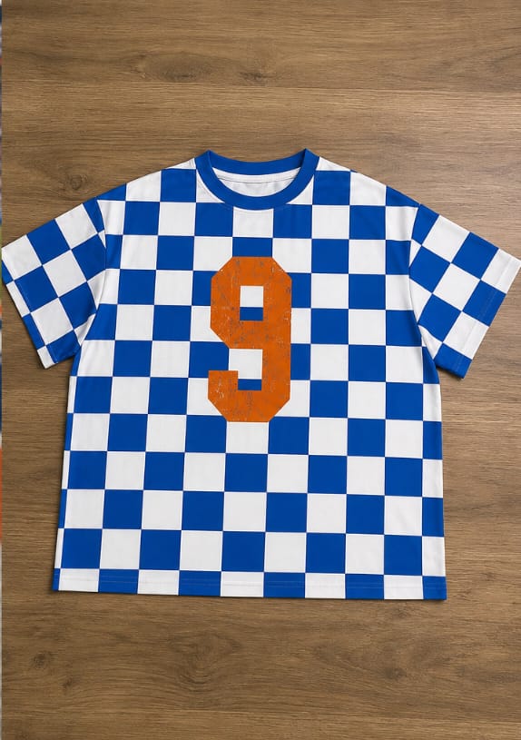 Customer photo review of Custom Vintage Varsity Number or Letter Sport Team Checkered T-shirt | Game Day Wear