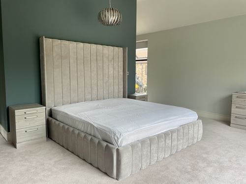 Customer photo review of Alden Tall Headboard Winged Stripe Bed
